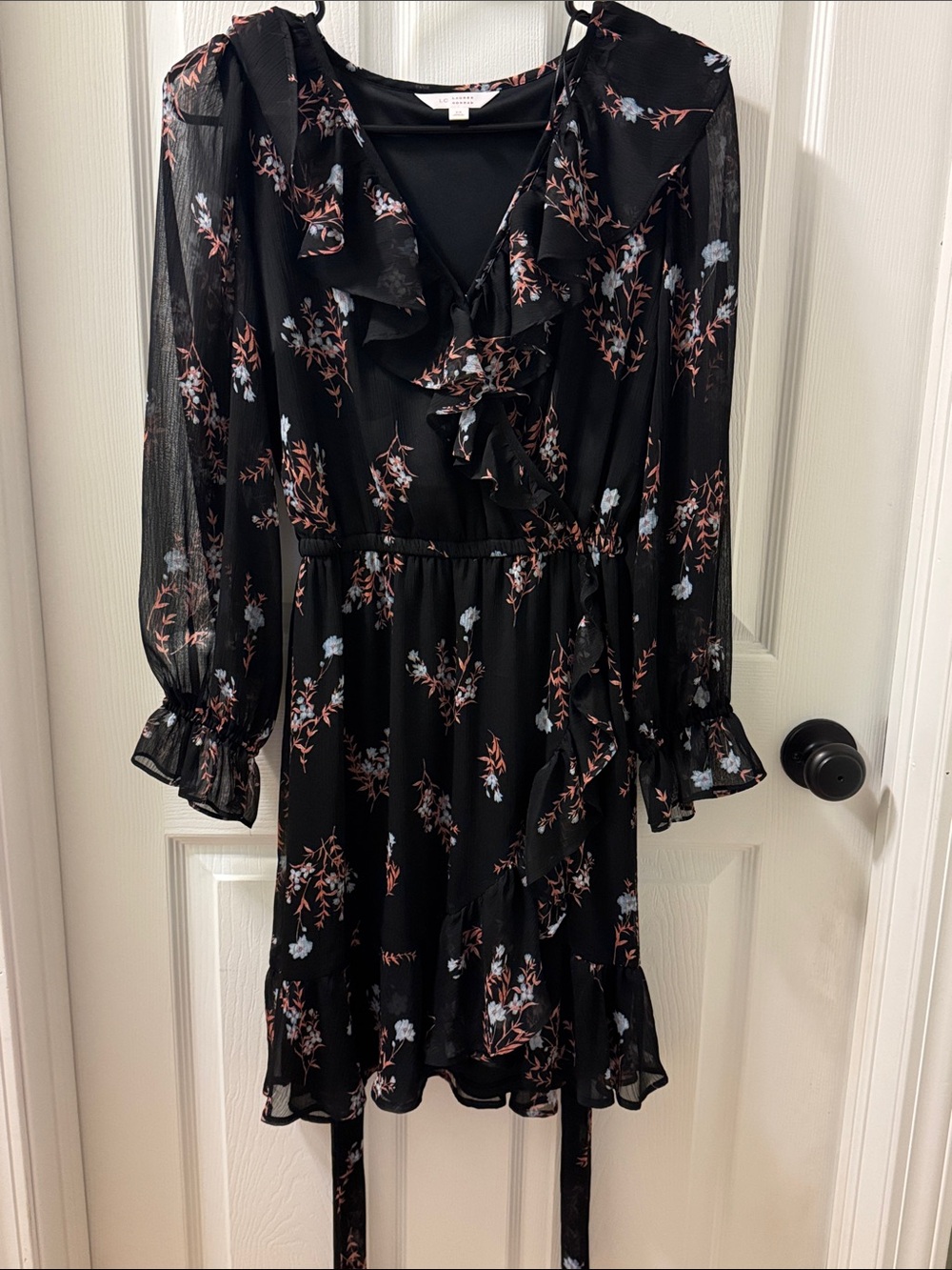 LC Lauren Conrad Black Floral Ruffle Wrap Dress